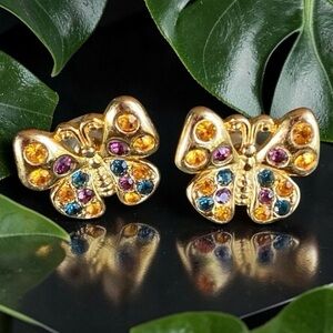 JOAN RIVERS GOLD TONE BUTTERFLY PIERCED EARRINGS WITH MULTICOLORED CRYST…